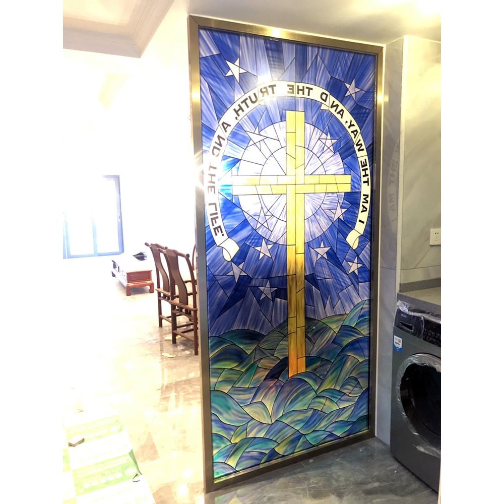 钢化玄关屏风隔断窗吊顶欧式帝凡尼艺术玻璃蒂凡尼蓝色十字架圆头