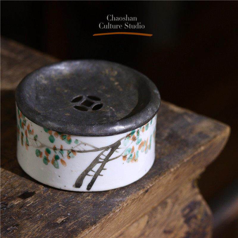 清代老瓷器手绘粉彩锡盖建水茶缸茶船茶池杯托壶托茶室摆件收藏品