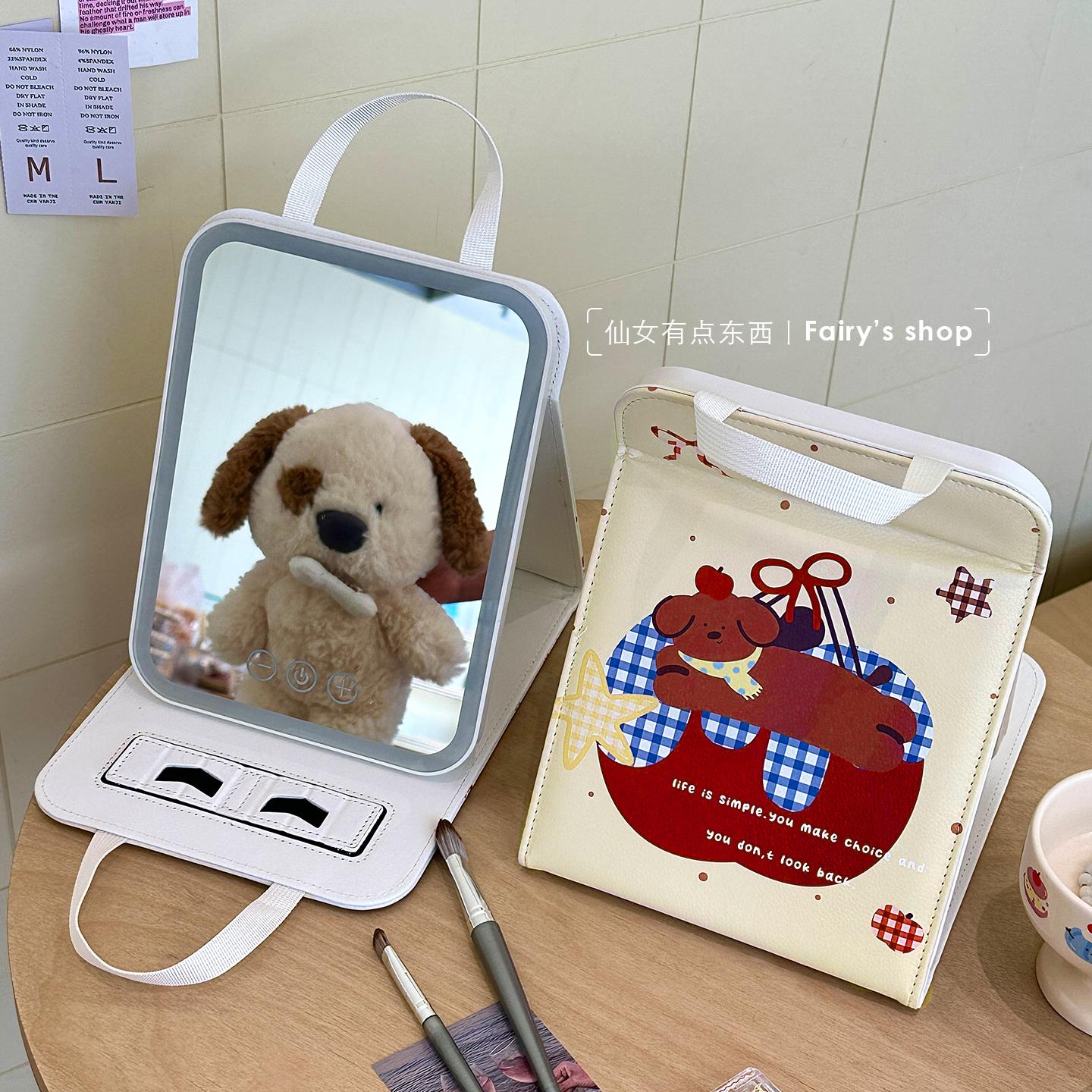 可爱LED化妆镜手提可折叠家用化妆台宿舍多功能可立高清补光镜子