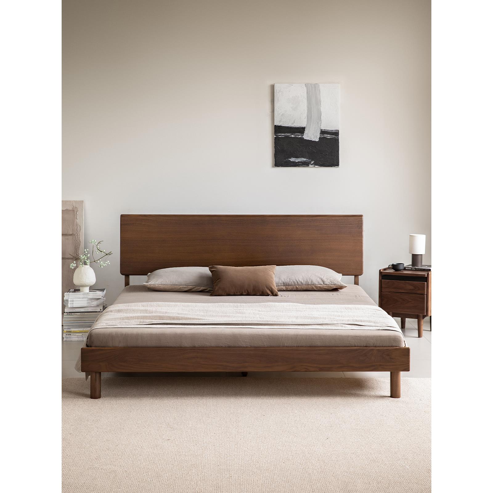 出乎生活川屿实木床北美黑胡桃木主次卧中式小户型简约单双人床