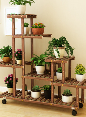 阳台实木花架子室内客厅落地式多层置物架多肉植物装饰花盆架带轮
