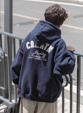 藏蓝色250g重磅卫衣男日系cityboy加绒连帽美式复古oversize外套