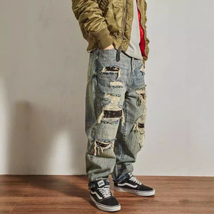 美式重磅复古牛仔裤男宽松直筒锥形高街潮流做旧破洞裤子男款秋冬