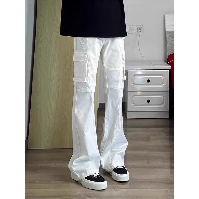 白色结构拼接弯刀牛仔裤男夏季美式复古直筒微喇工装裤子2026新款