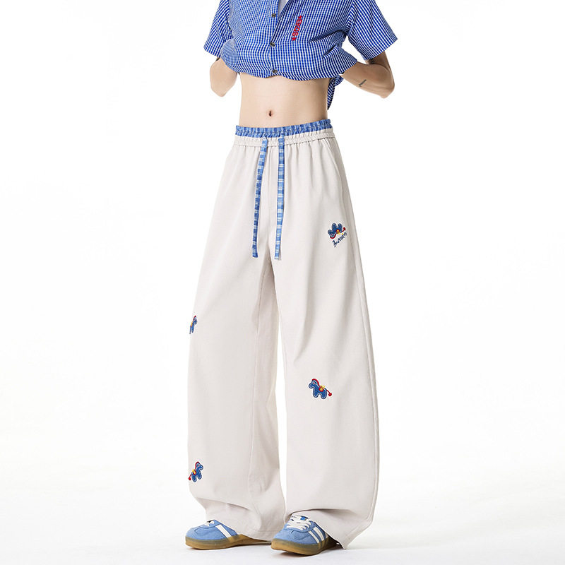 美式小马刺绣假两件裤子宽松bf慵懒风垂感直筒微喇阔腿弯刀裤男款