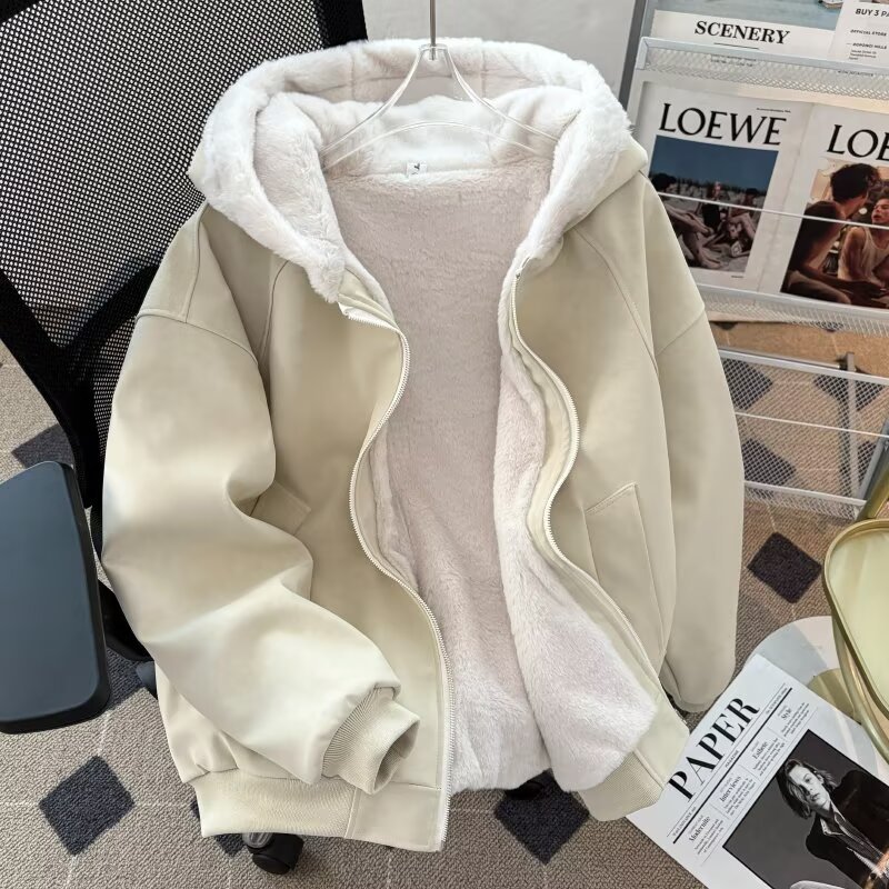 美式PU皮毛绒连帽衣外套棉服男女冬季加厚保暖毛领大衣夹克摇粒绒