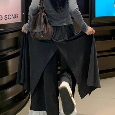 蕾丝拼接裙裤秋季流行风格大码胖mm黑灰色假两件屁帘a字阔腿裤裙