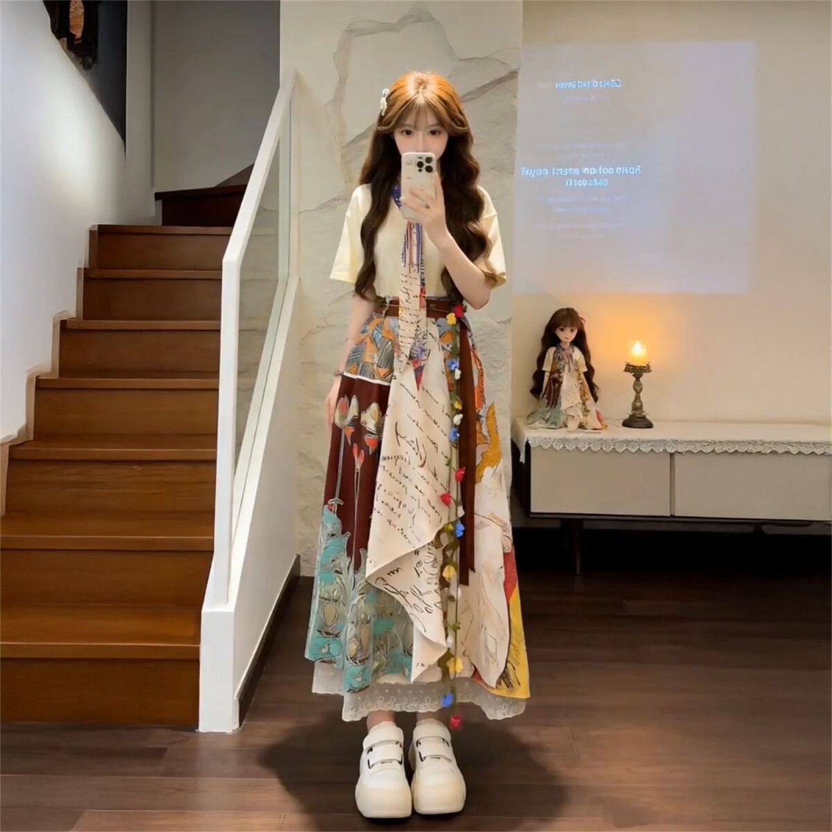 学院风油画不规则半身裙