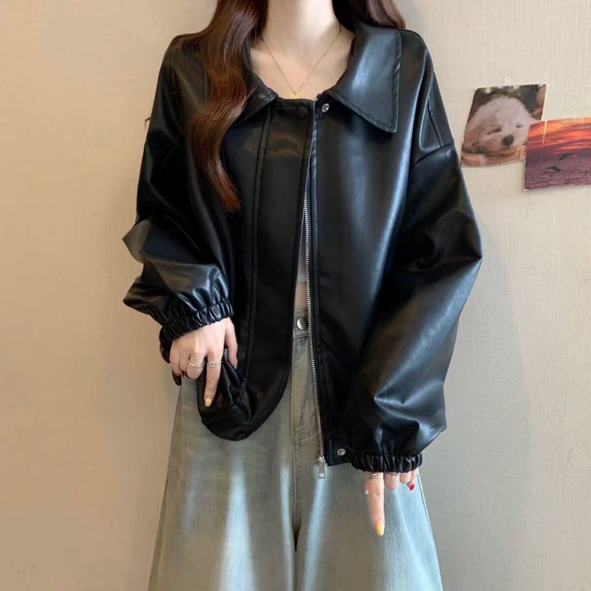 美拉德咖色正肩皮衣外套