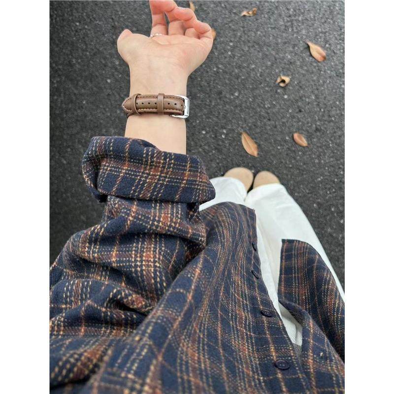 格子磨毛长袖衬衫外套女秋冬设计感小众复古港风内搭衬衣叠穿上衣