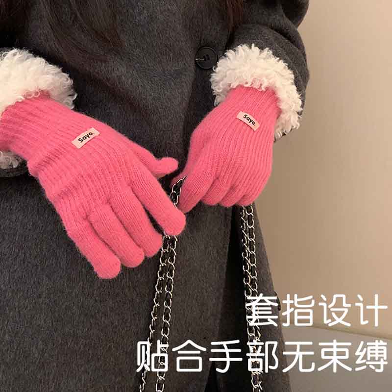 保暖防冻毛线分指骑行网红显瘦新年红羊羔毛绒针织手套女冬季新款