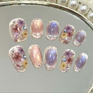 美甲小众高端设计师 手工穿戴甲爆闪干花系列可爱短款 宝石干花