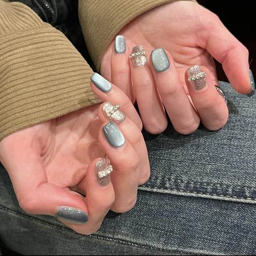 手工穿戴甲短款显白高端蓝色猫眼