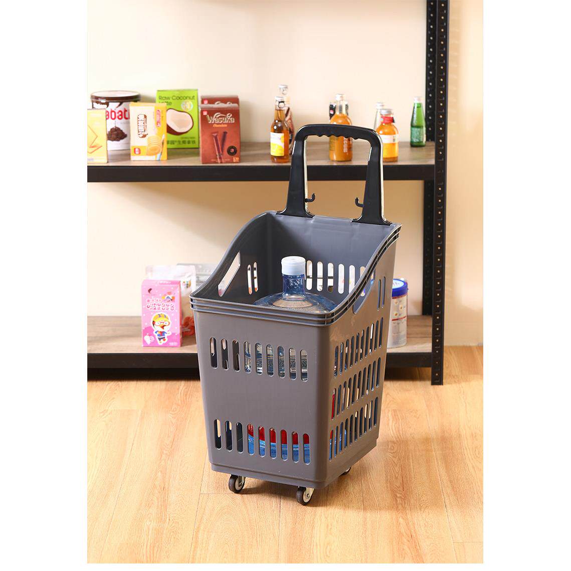 超市购物篮塑胶篮子零食便利店拉杆带轮大号加厚买 卖筐小推车家