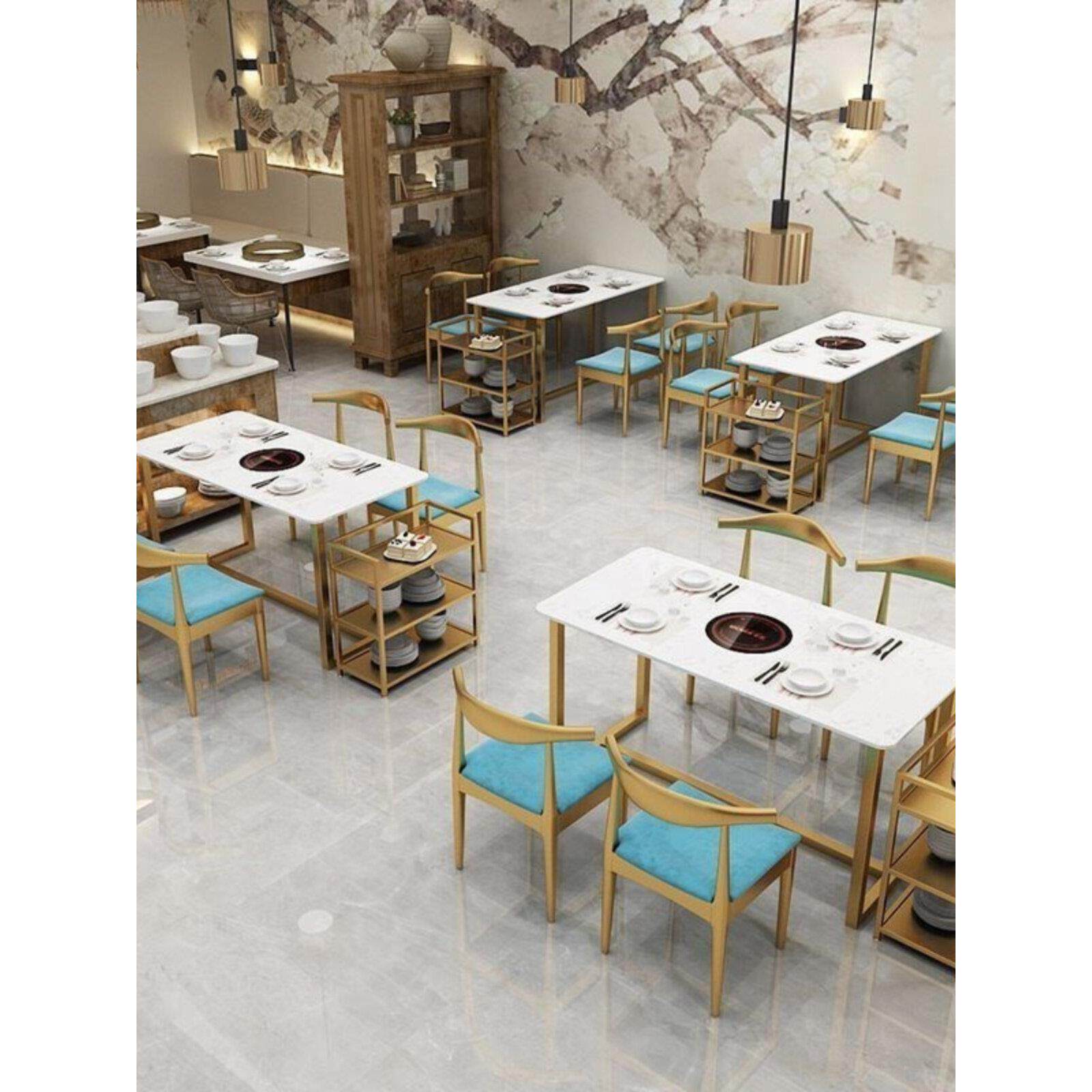 大理石烤肉店桌椅组合火锅开洞烤肉桌子餐馆商用烧烤店大排档餐桌