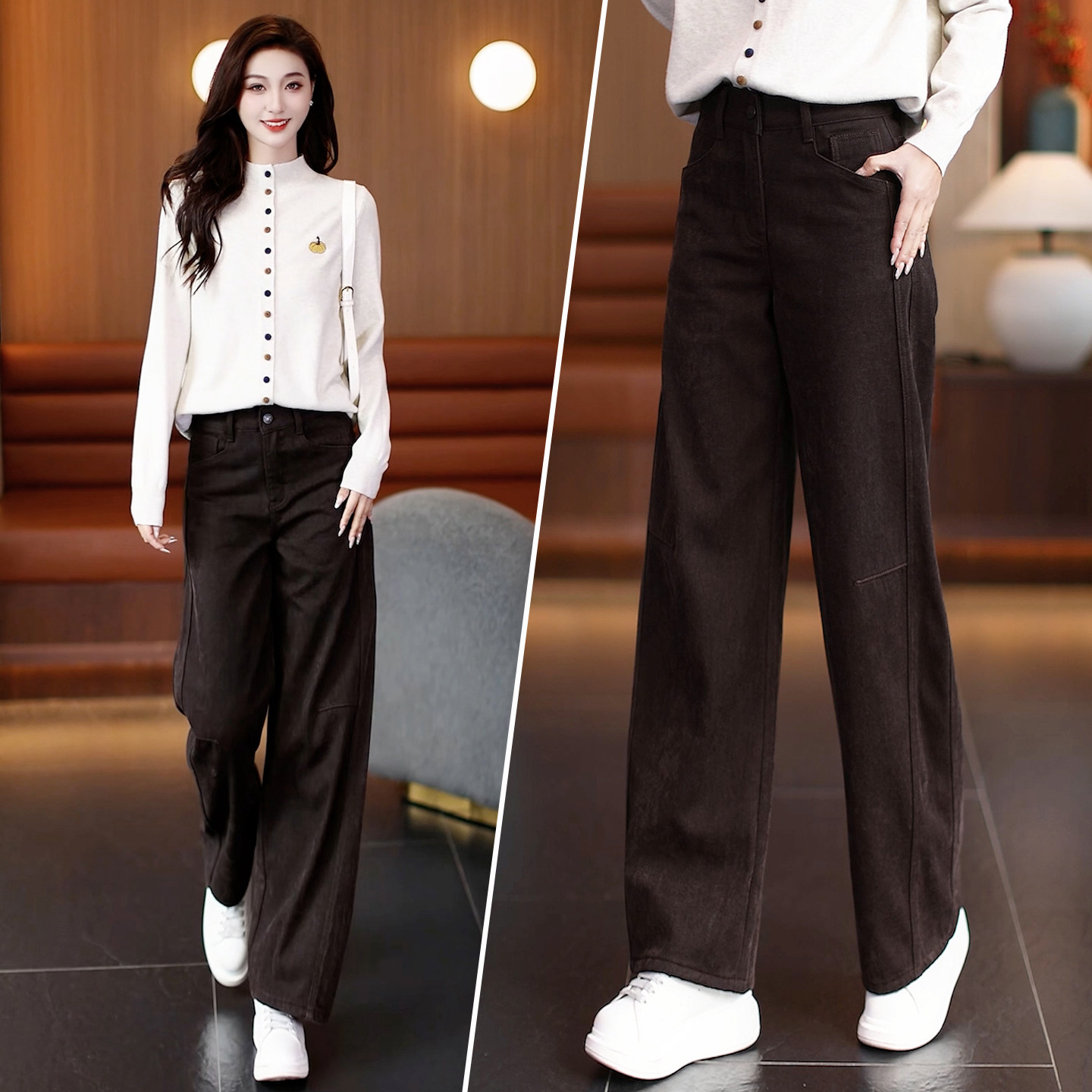 高级感深咖色直筒牛仔裤女冬季2025新款高腰显瘦垂感百搭阔腿裤子