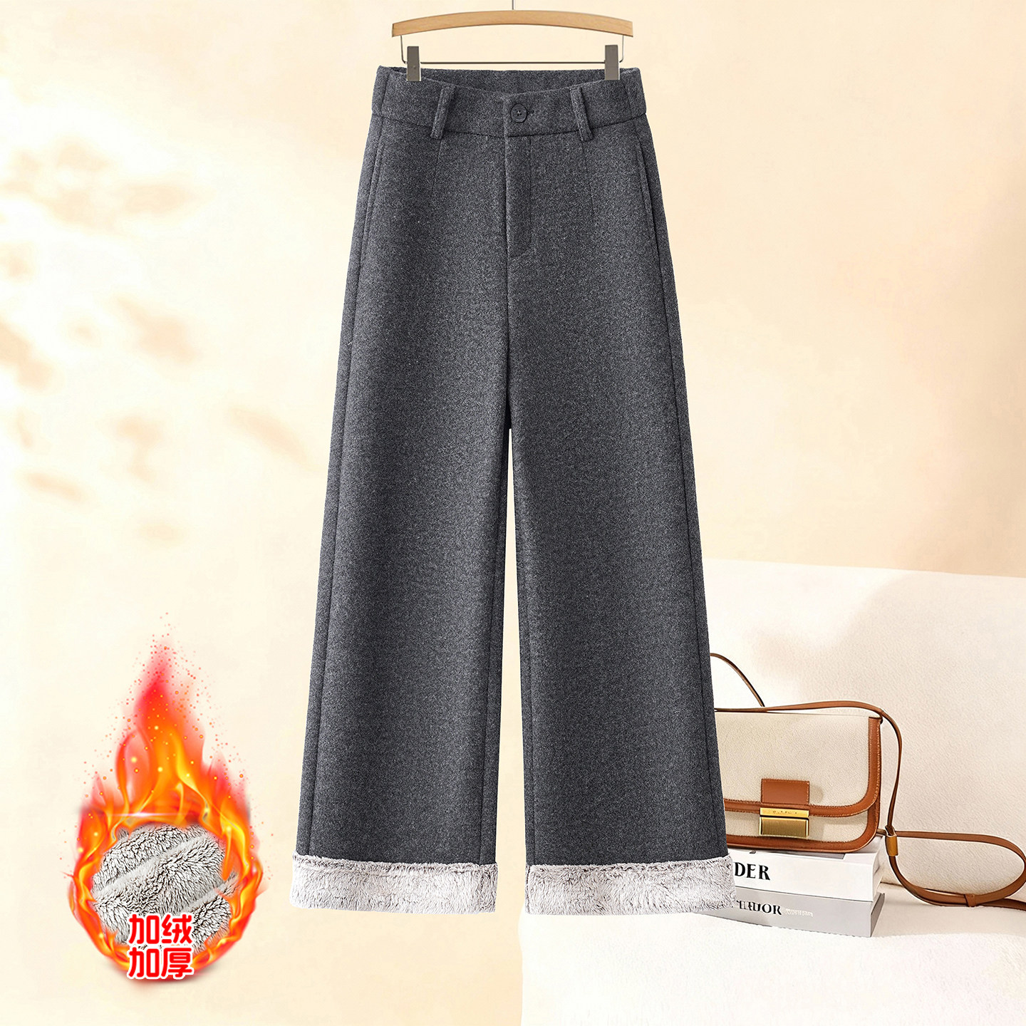 高级感小个子羊绒阔腿裤女2025冬季新款加绒加厚软糯显瘦休闲裤子