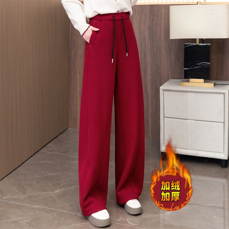 红色加绒加厚垂感弯刀裤女2025新款冬季松紧高腰休闲显瘦阔腿裤,女装/女士精品,休闲裤,淘宝优惠券,粉丝福利购,淘宝优惠卷