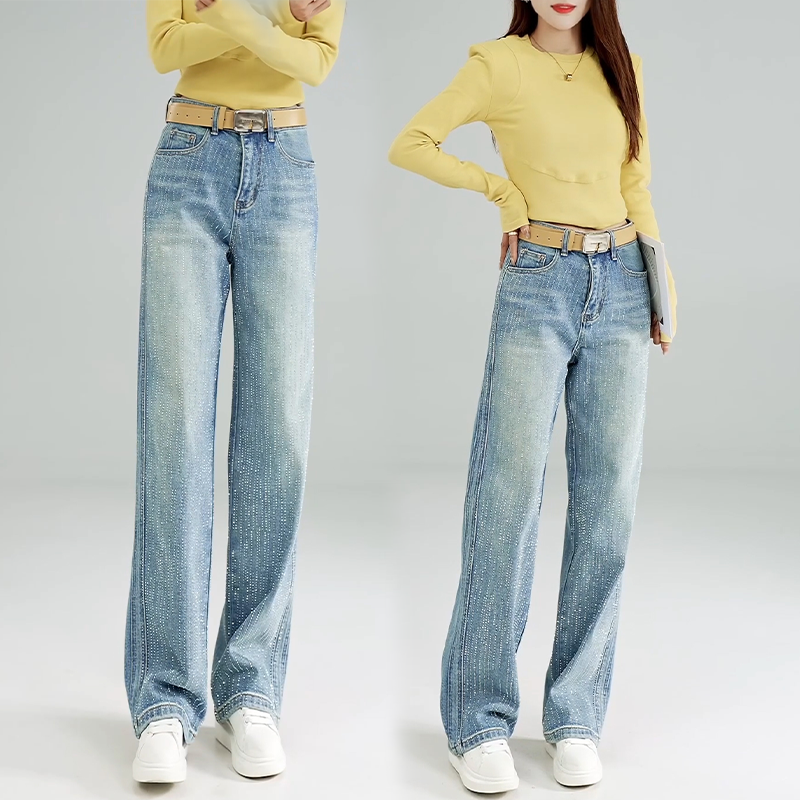 浅蓝色烫钻细闪阔腿牛仔裤女2026春季新款高腰时髦亮闪闪直筒裤,女装/女士精品,牛仔裤,淘宝优惠券,粉丝福利购,淘宝优惠卷