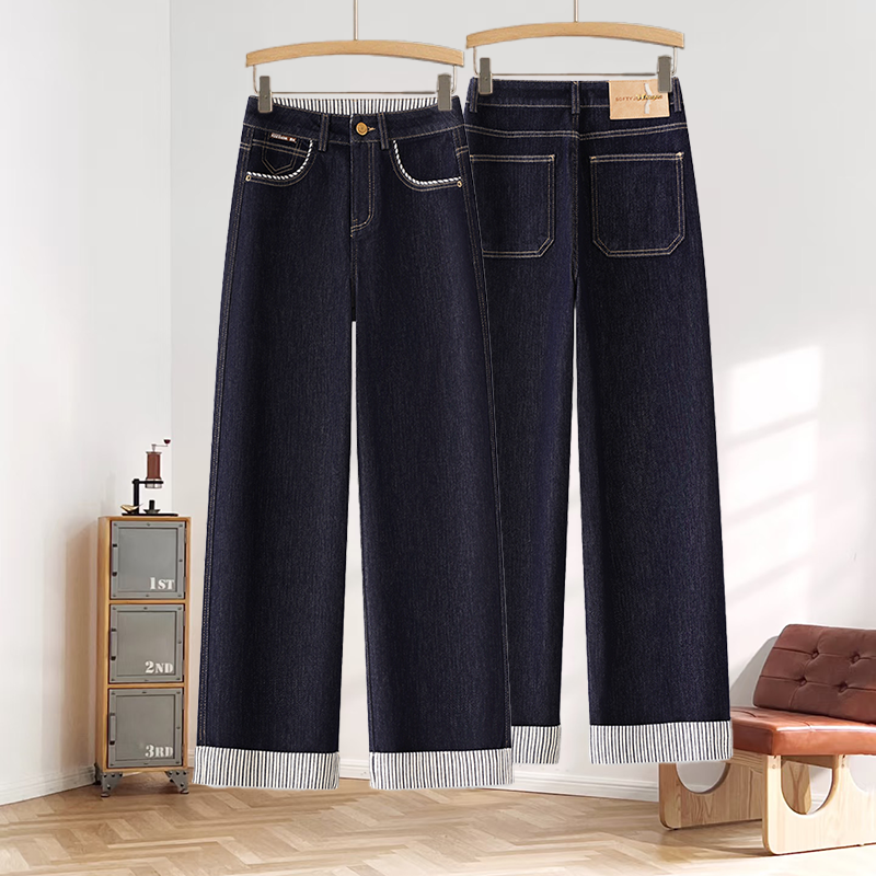 丹宁蓝条纹拼接阔腿牛仔裤女春秋