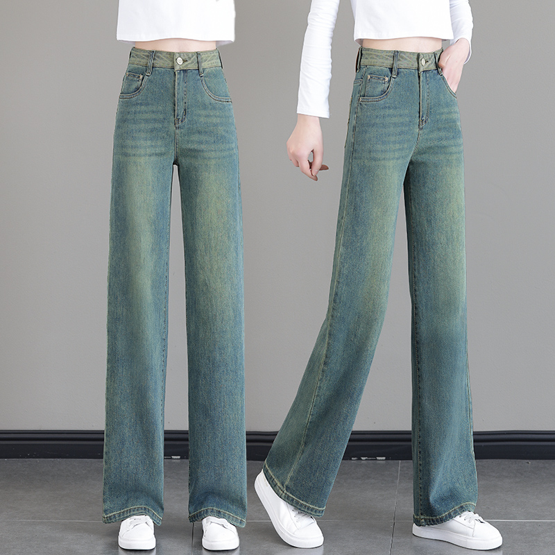 翡翠绿窄版阔腿牛仔裤女高腰百搭
