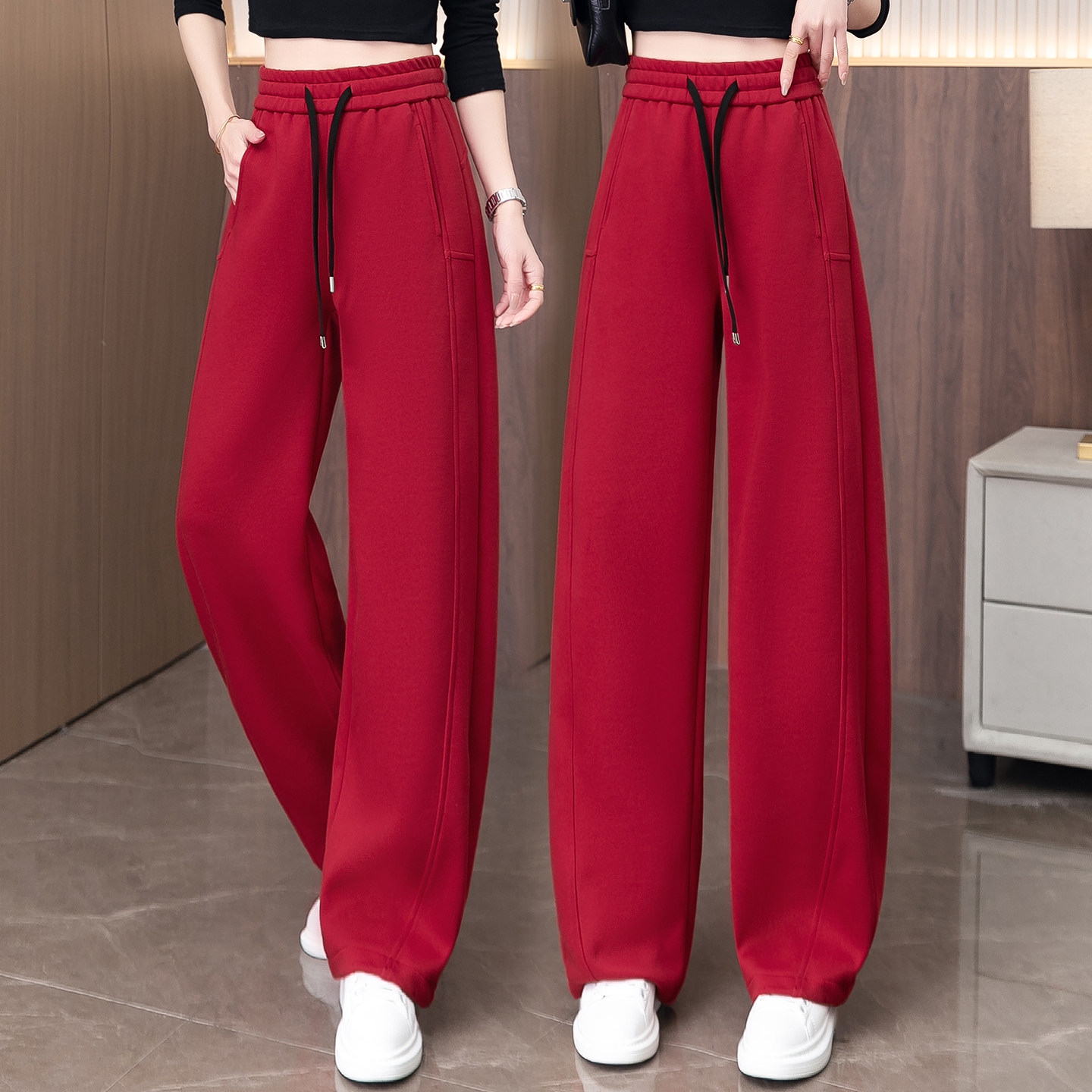 红色休闲宽松垂感弯刀裤女2026春秋新款高腰时尚感显瘦阔腿运动裤