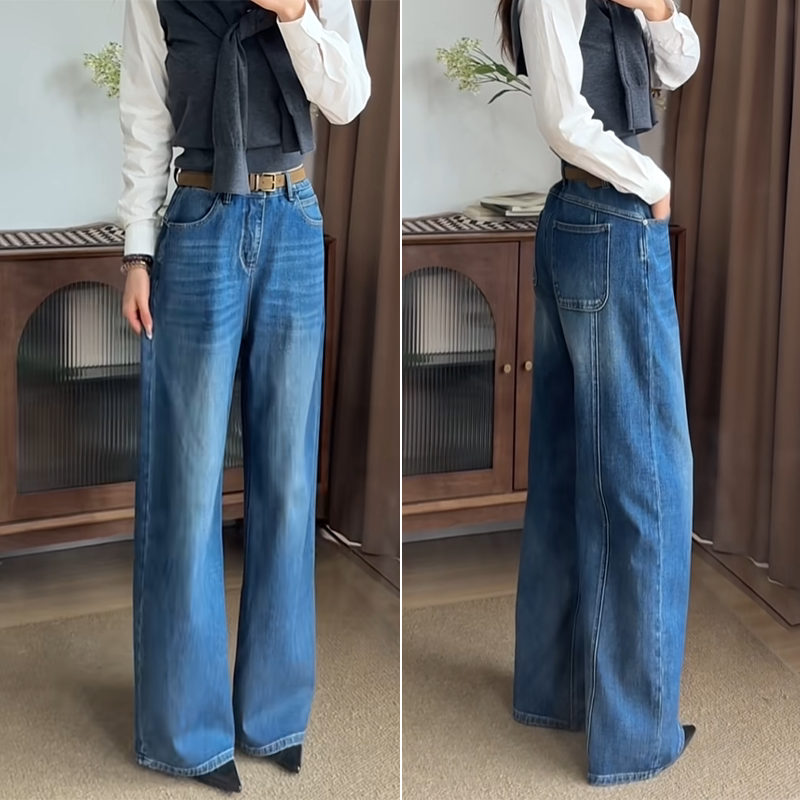 今年流行的复古阔腿牛仔裤春款女士2026新款高腰宽松垂感遮胯长裤