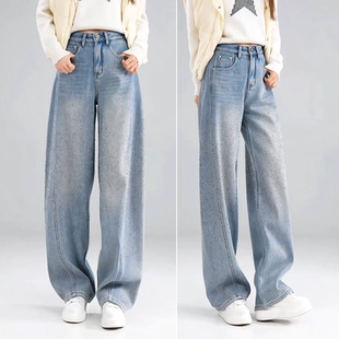 重工烫钻流行加绒弯刀牛仔裤女2026新款秋冬时髦显瘦高腰阔腿裤