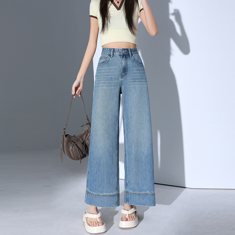 高级感阔腿休闲牛仔裤女2025新款夏季高腰显瘦小个子百搭九分裤子