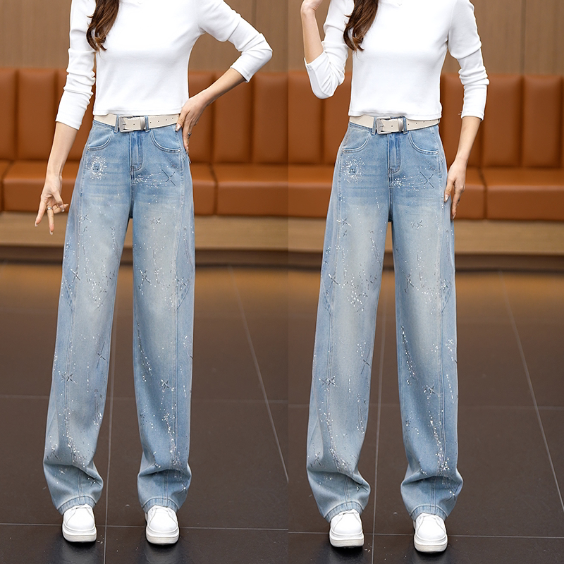 几何设计感烫钻弯刀牛仔裤女士2026春季新款潮流提臀亮丝阔腿裤