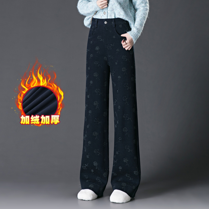 时尚玫瑰提花阔腿牛仔裤女