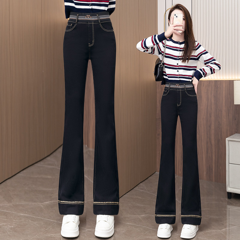 复古高腰小个子微喇牛仔裤女2025新款秋冬弹力显瘦刺绣九分喇叭裤