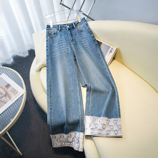 新中式浅蓝色蕾丝拼接直筒牛仔裤女2026春秋新款高腰显瘦阔腿裤子