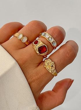 欧美风尚小众复古彩色树脂气质多色戒指套装女款时尚指环四季百搭