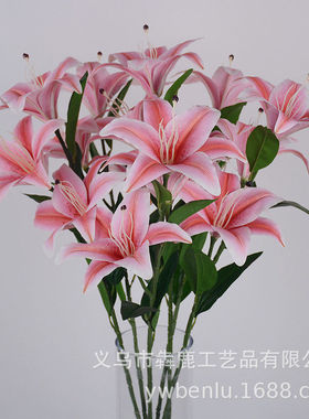2026新款仿真3头过胶塑料百合婚庆家居插花装饰婚庆鲜花摆件
