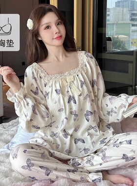 2026春季云朵棉睡衣女士长袖长裤宫廷风蕾丝花边宽松家居服套装4
