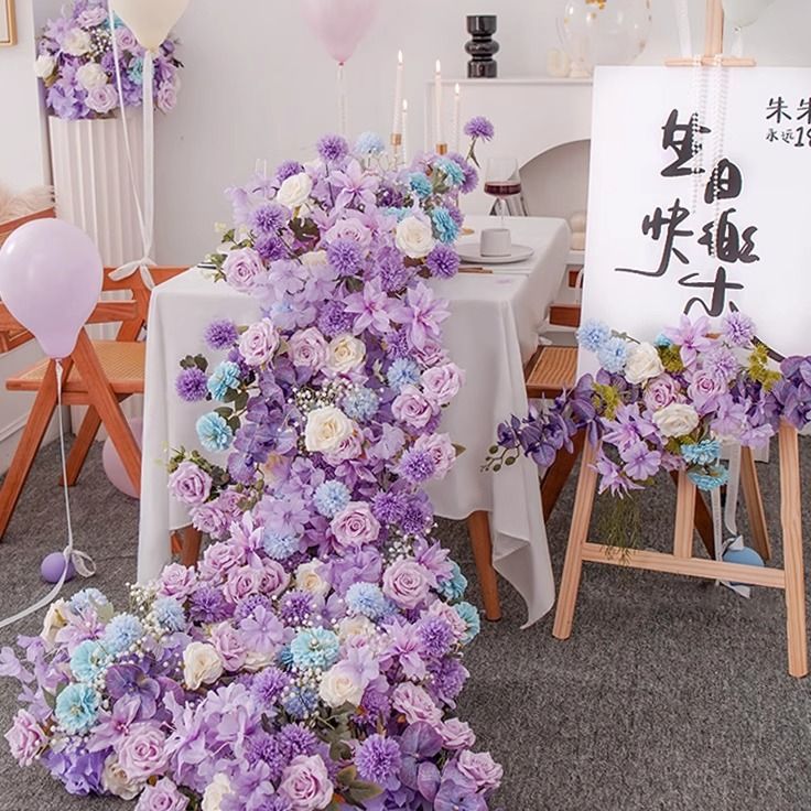 瀑布桌花紫色生日布置布景花艺宴会酒店餐桌装饰仿真花瀑布花