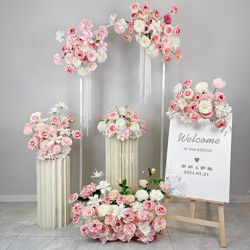 新款婚礼婚庆周岁订婚宴现场布置绢花仿真花高端花艺路引粉色装饰