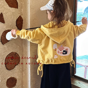 2026春季女童小鸡黄色连帽卫衣外套 花边可爱印花卫衣拉链外套