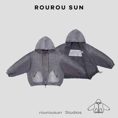 50170冬款女装复古百搭水洗连帽拉链休闲卫衣外套