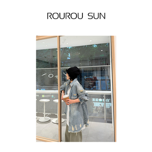 复古毛边潮牌设计感宽松百搭破洞牛仔衬衫 美式 外套 女装 5928早秋款