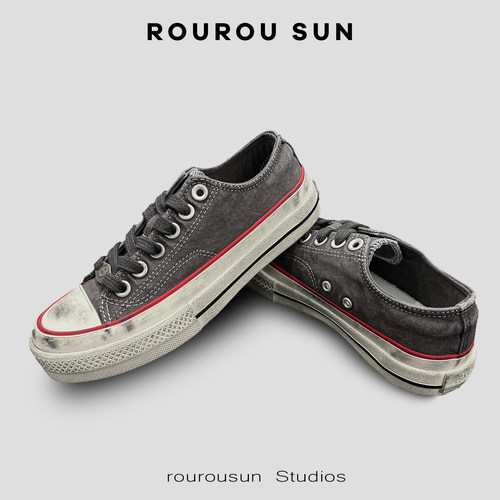 50002复古做旧休闲水洗系带百搭平底帆布鞋