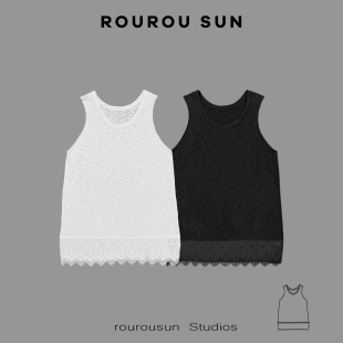 23909韩系拼接刺绣蕾丝边叠穿无袖 t恤女圆领背心内搭打底衫