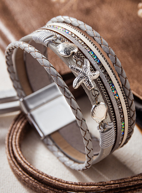 新品欧美复古风时尚新款r手链多层开口手镯男女士通用潮流网红手