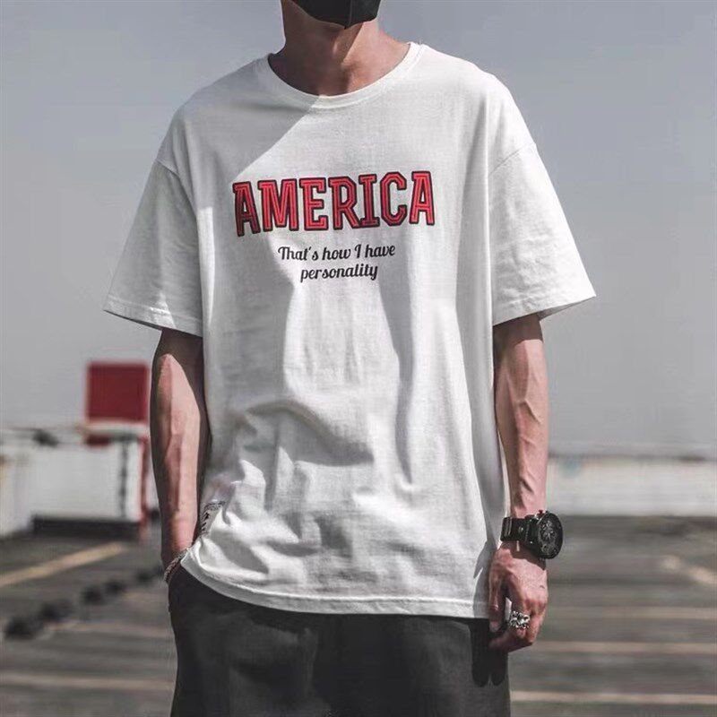 新品夏季短袖e男美式复古ins潮牌t恤大码男士宽松250g重磅纯棉嘻