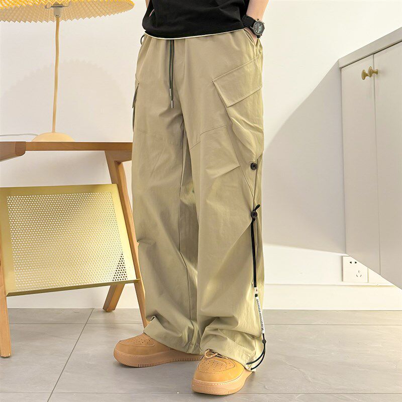 新品织带拼接f薄款工装裤男裤子大码加肥加大宽松薄款机能阔腿直