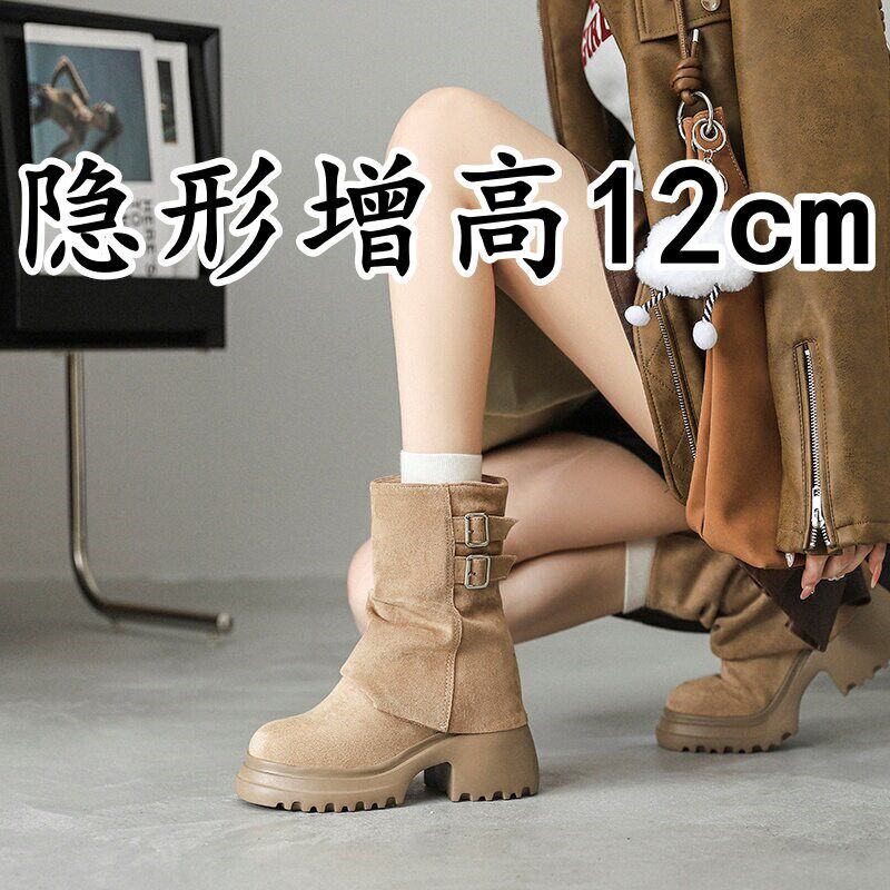 新品内增高真皮马丁靴女厚底西部牛仔H靴复古粗跟机车短靴堆堆靴