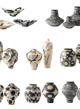 现代复古新中式手绘陶瓷罐子花瓶摆件样板间酒店客厅玄关果盘装饰