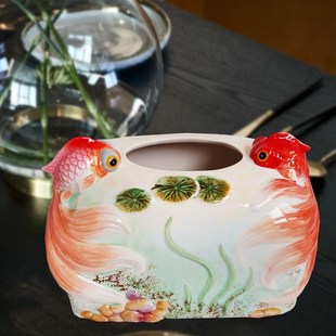 陶瓷金鱼抽纸盒面巾纸盒茶几装饰摆件精致手绘瓷中式家居饰品礼品