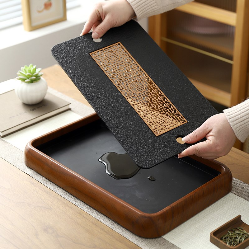 仿实木茶盘家用干泡盘蓄排双用茶托盘功夫沥水盘小型办公室茶台